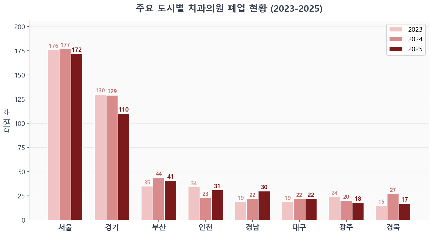 주요 도시별 치과의원 폐업 현황 (2023-2025)