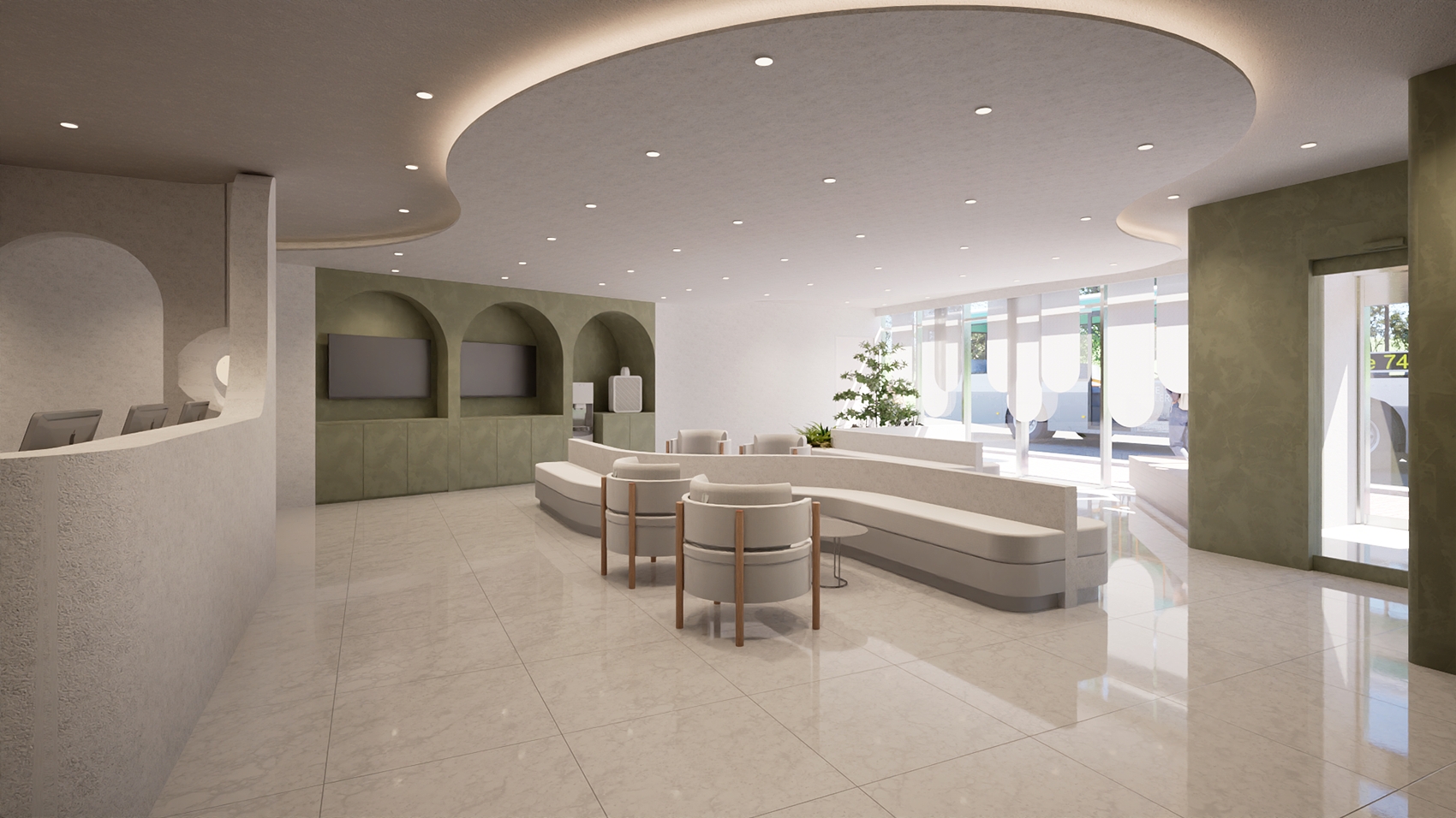 치과 인테리어 3D 디자인 - 로비 아치형 디자인